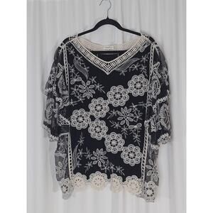 Sapphire 2X Black Floral Blouse White Crochet Lace Overlay Tunic Boho V Neck